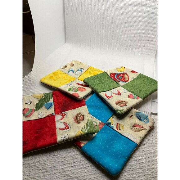 Handmade Quilted Coastal Coasters - Set Of 4 - Multi-Color Patchwork - Home Deco - Picture 1 of 5